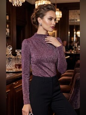 Rebecca Taylor Plum/Rose Glitter Lurex Jersey Mock Neck Long Sleeve Top Size M